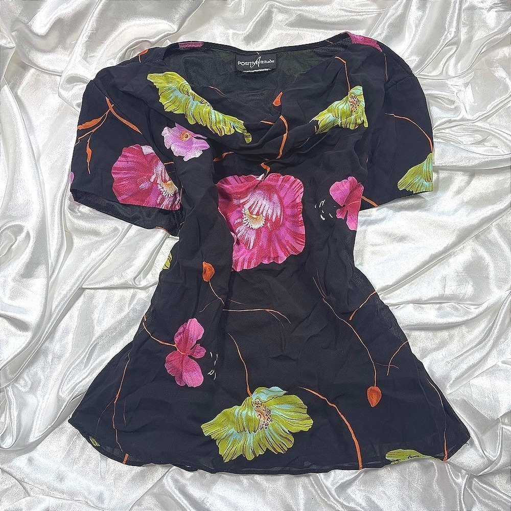 y2k Blouse Black Excellent Positive Attitude Floral Cowl Neck Short Sleeve Top